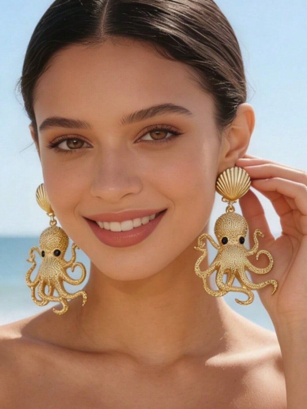 Gold Exaggerated Women's Octopus Shell Ocean Party Earrings